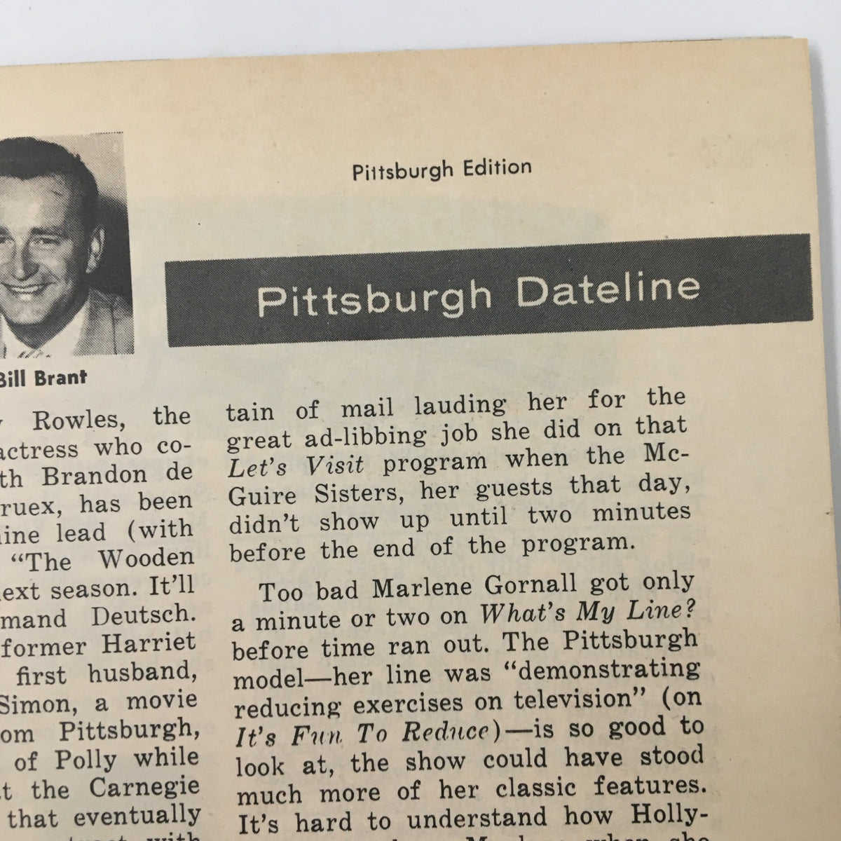 Close-up of Pittsburgh Dateline section in TV Guide Magazine May 28 1955, discussing notable television personalities and shows.