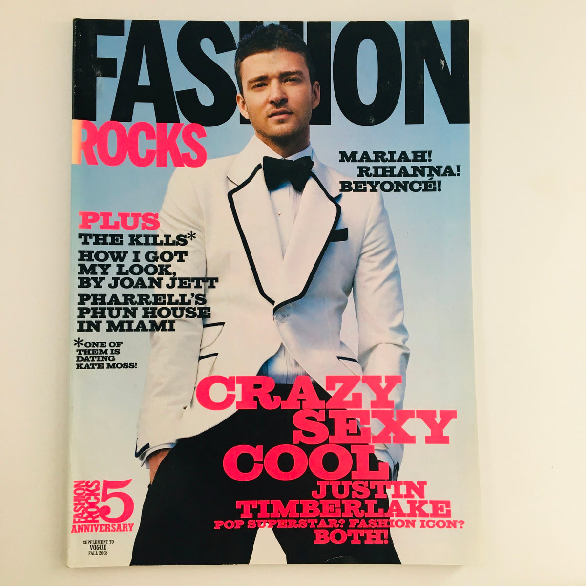 Cover of Fashion Rocks Magazine Fall 2008 featuring Justin Timberlake in a stylish tuxedo, showcasing the themes of music and fashion with headlines about Rihanna and Beyoncé. A collectible vintage magazine from a defining pop culture moment.