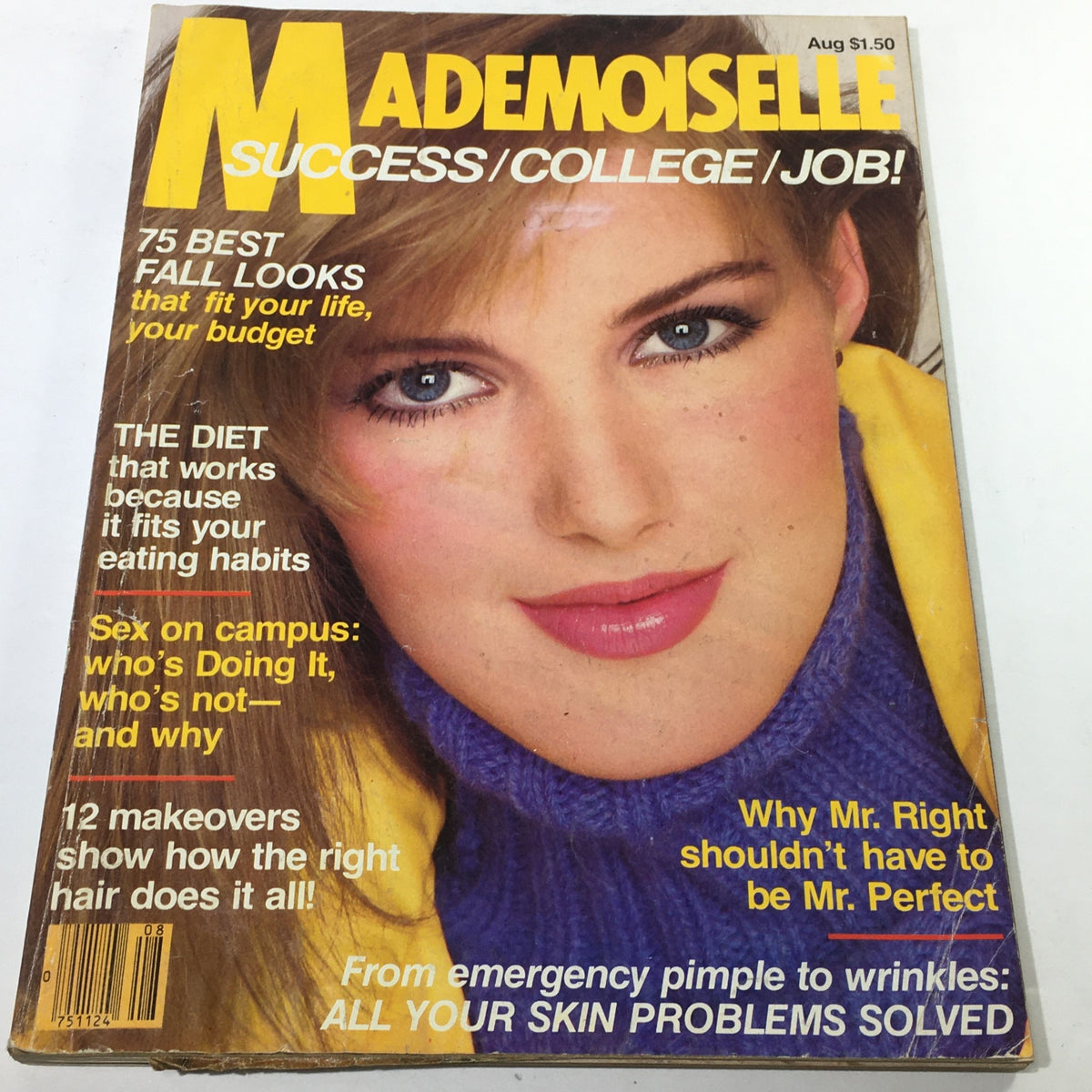 Vintage Mademoiselle Magazine Cover from August 1980 featuring articles on success, college life, and job opportunities. The cover highlights '75 Best Fall Looks' and includes a striking image of a woman in a vibrant yellow sweater, capturing the essence of early 1980s fashion.