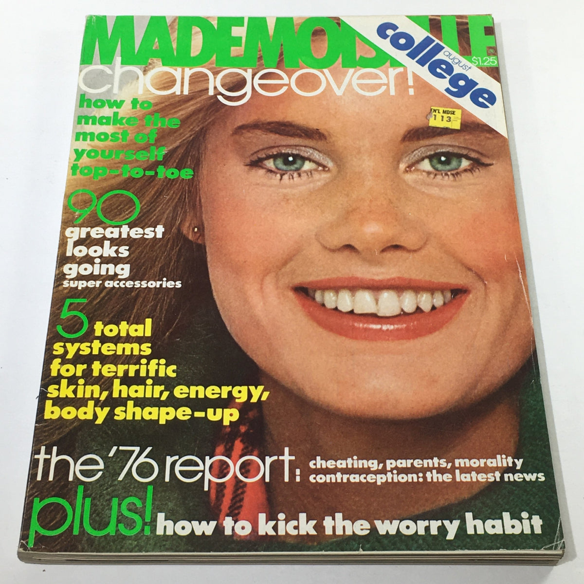 Vintage Mademoiselle Magazine August 1976 cover featuring a bright smile and fashion headlines. Ideal for collectors of vintage fashion publications.