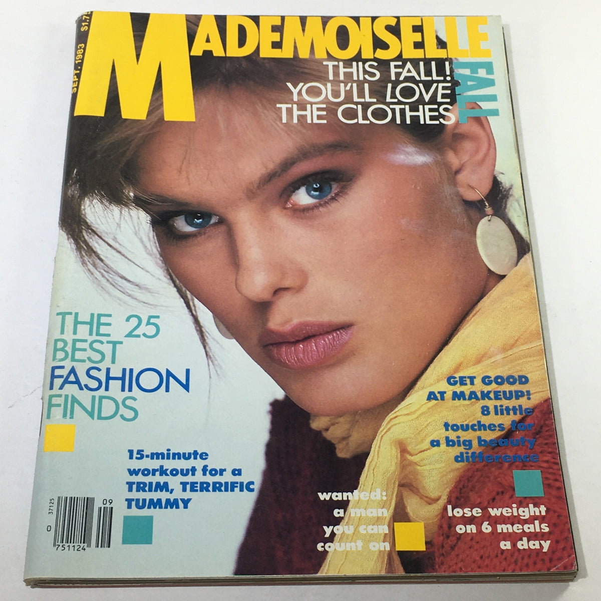 VTG Mademoiselle Magazine September 1983 cover showcasing a model with striking blue eyes and bold fashion text including 'This Fall! You'll Love the Clothes' and additional fashion advice.