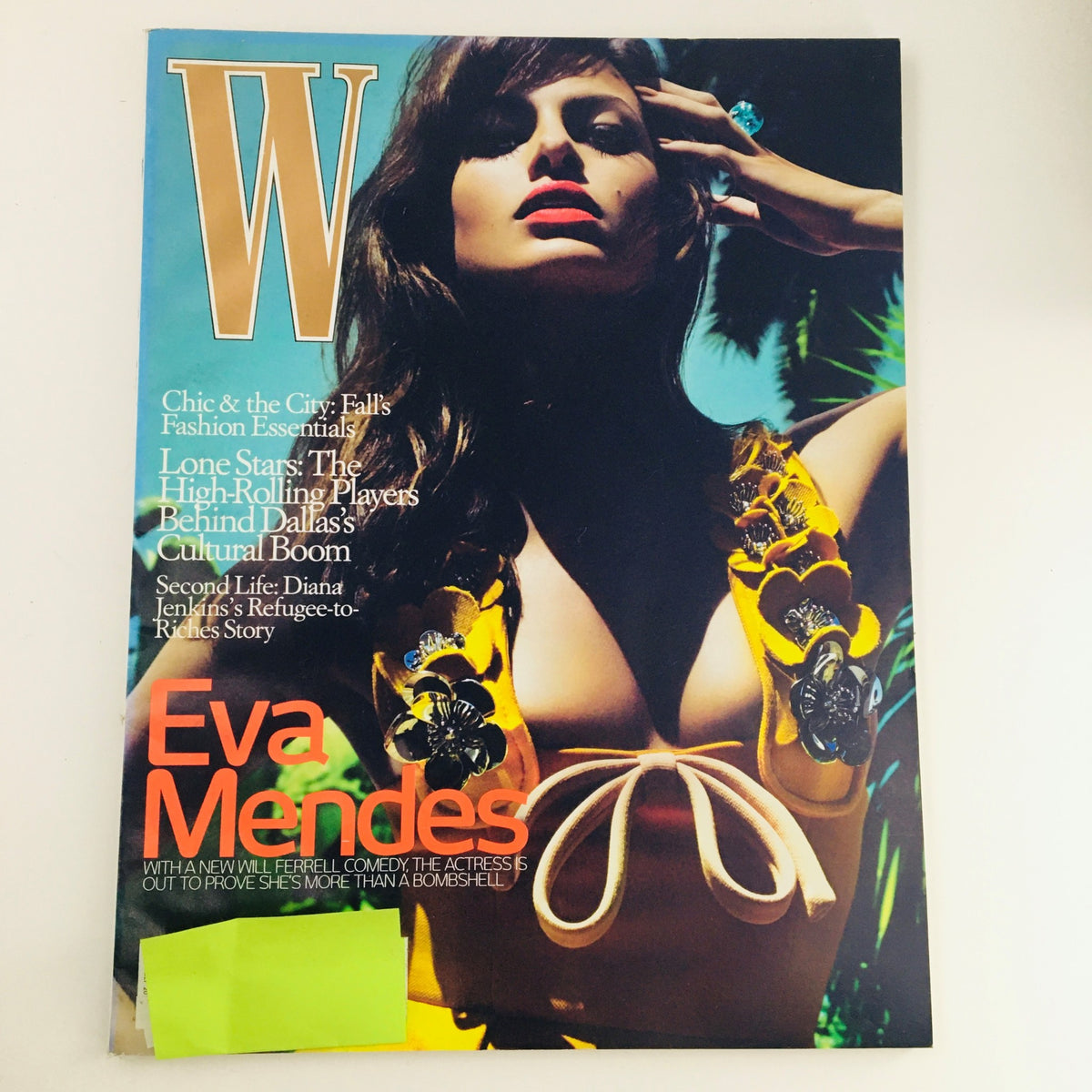 W Magazine July 2010 cover featuring American actress Eva Mendes in a striking pose, showcasing her stunning beauty and style in the feature 'All About Eva'.