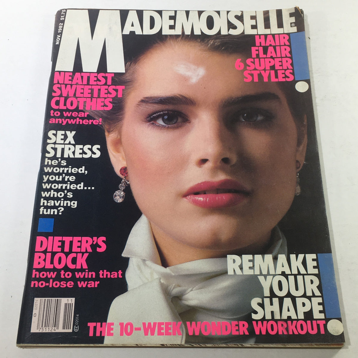 VTG Mademoiselle Magazine cover from November 1982 featuring Brooke Shields, showcasing fashion trends, beauty tips, and lifestyle advice from the 1980s.