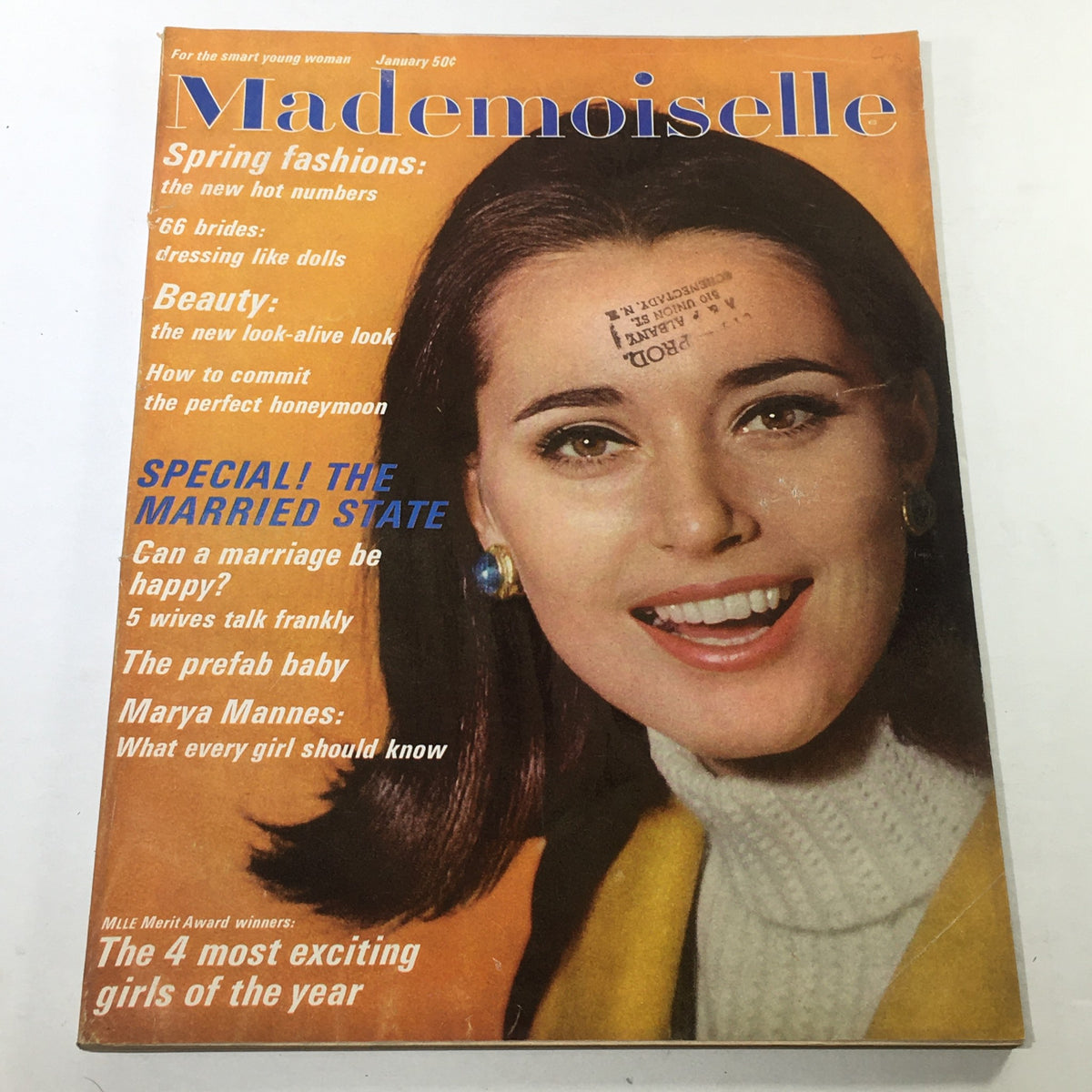 Vintage Mademoiselle Magazine Cover featuring Maren Gustafson, January 1966 edition with highlights on fashion and lifestyle.