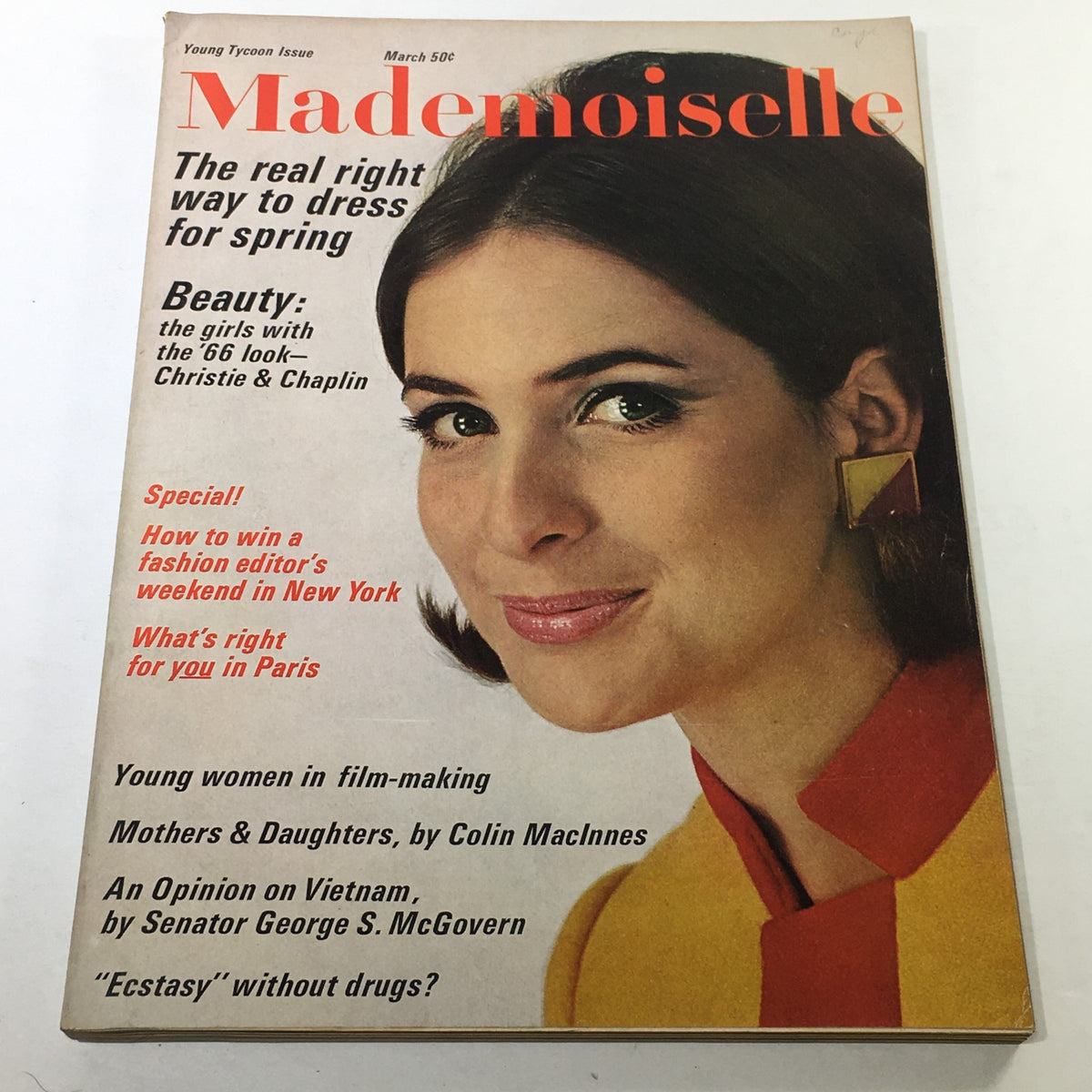 Vintage Mademoiselle Magazine from March 1966 featuring Christy on the cover. The cover highlights spring fashion with a model showcasing bold earrings and a stylish outfit. Includes text about beauty, fashion editor tips, and cultural discussions relevant to the 1960s.