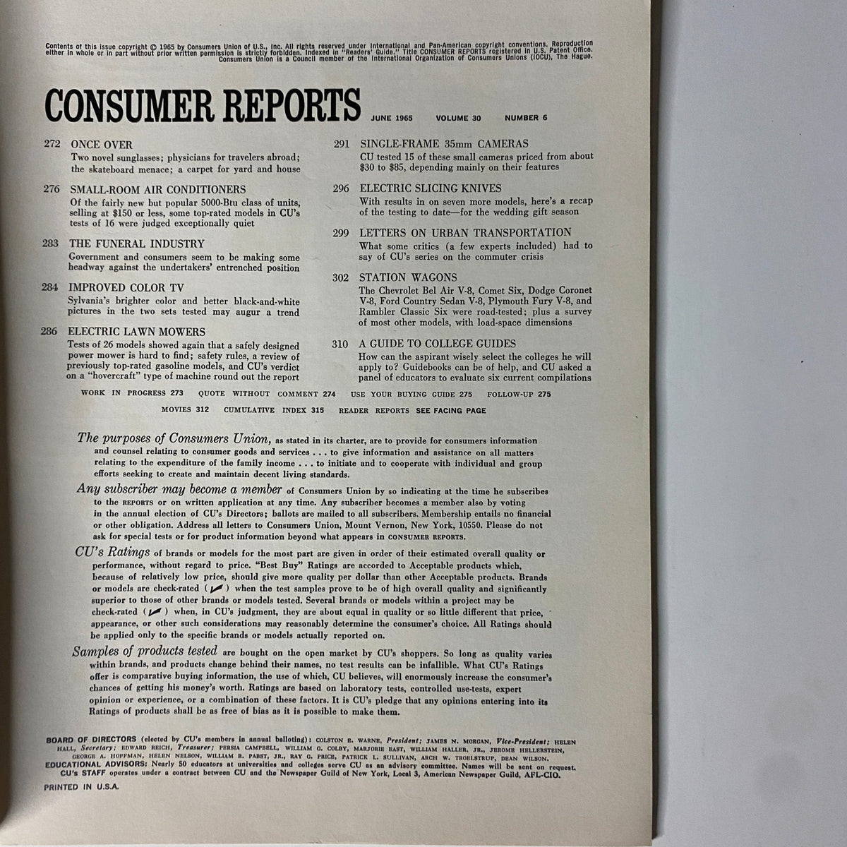 Inside page of Consumer Reports Magazine June 1965, listing contents and articles including electric lawn mowers, small-room air conditioners, and funeral industry insights. The magazine covers consumer product evaluations and testing.