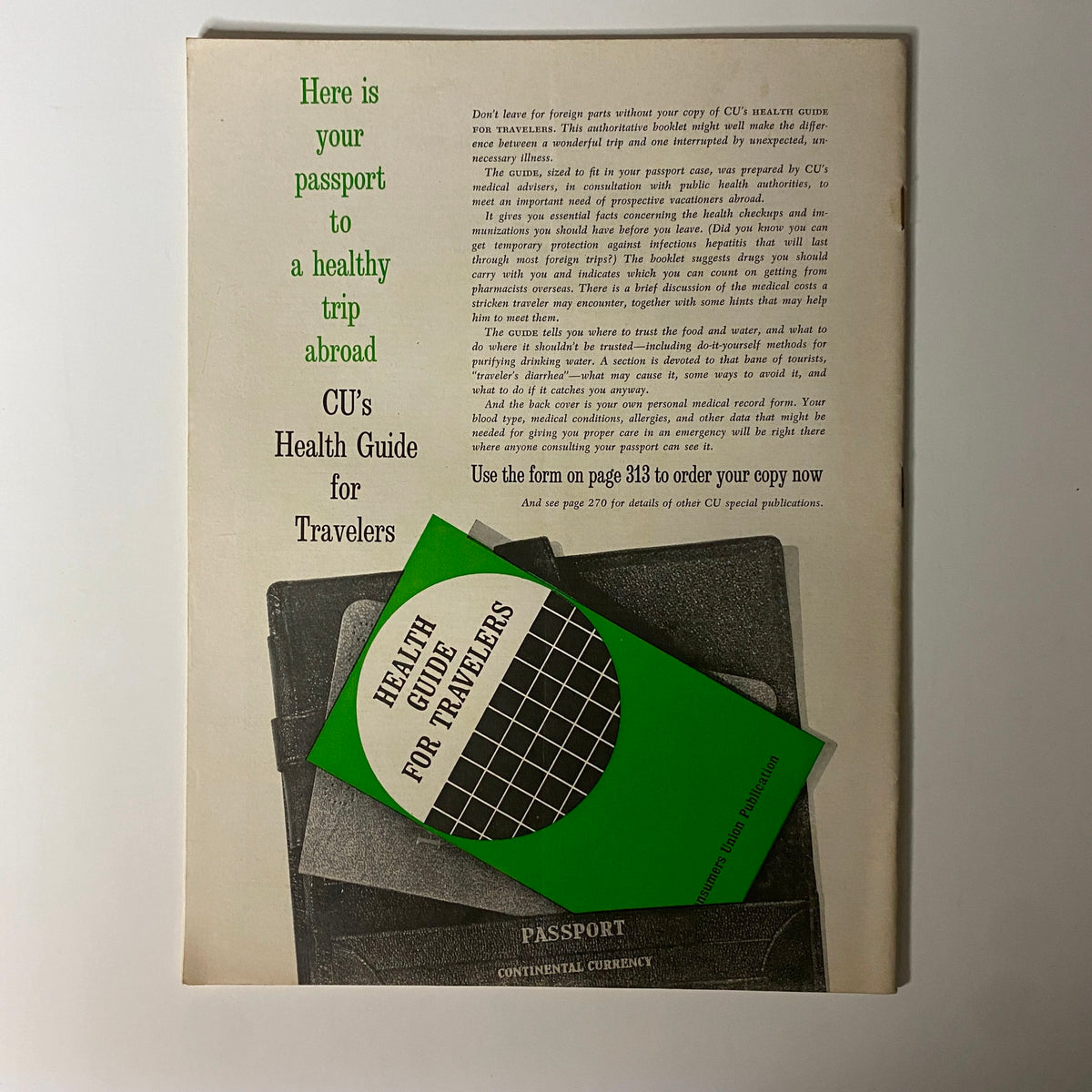Image of a vintage advertisement page featuring a health guide for travelers, titled 'Here is your passport to a healthy trip abroad CU's Health Guide for Travelers.' The layout includes a green booklet design with text and a black passport case, reminiscent of the 1960s, related to insights in health and safety for international travelers, complementing the 'Consumer Reports Magazine June 1965 Electric Lawn Mowers No Label VG' content.