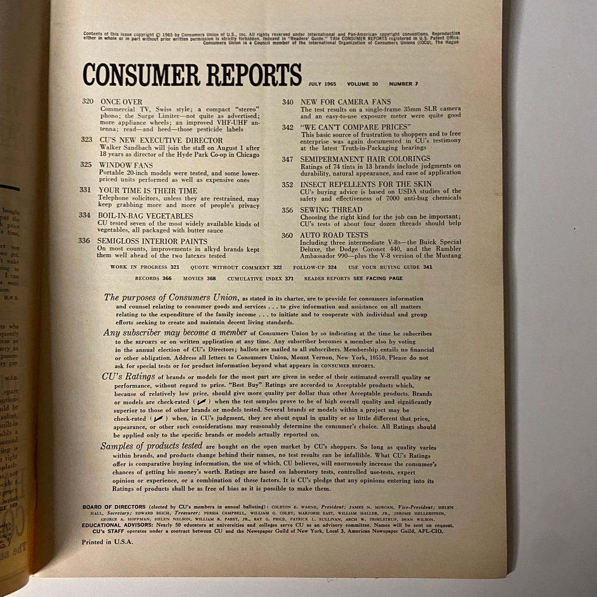 Contents page of Consumer Reports Magazine July 1965, listing reviews on window fans, food products, and automotive tests, showcasing the magazine's focus on consumer advocacy.