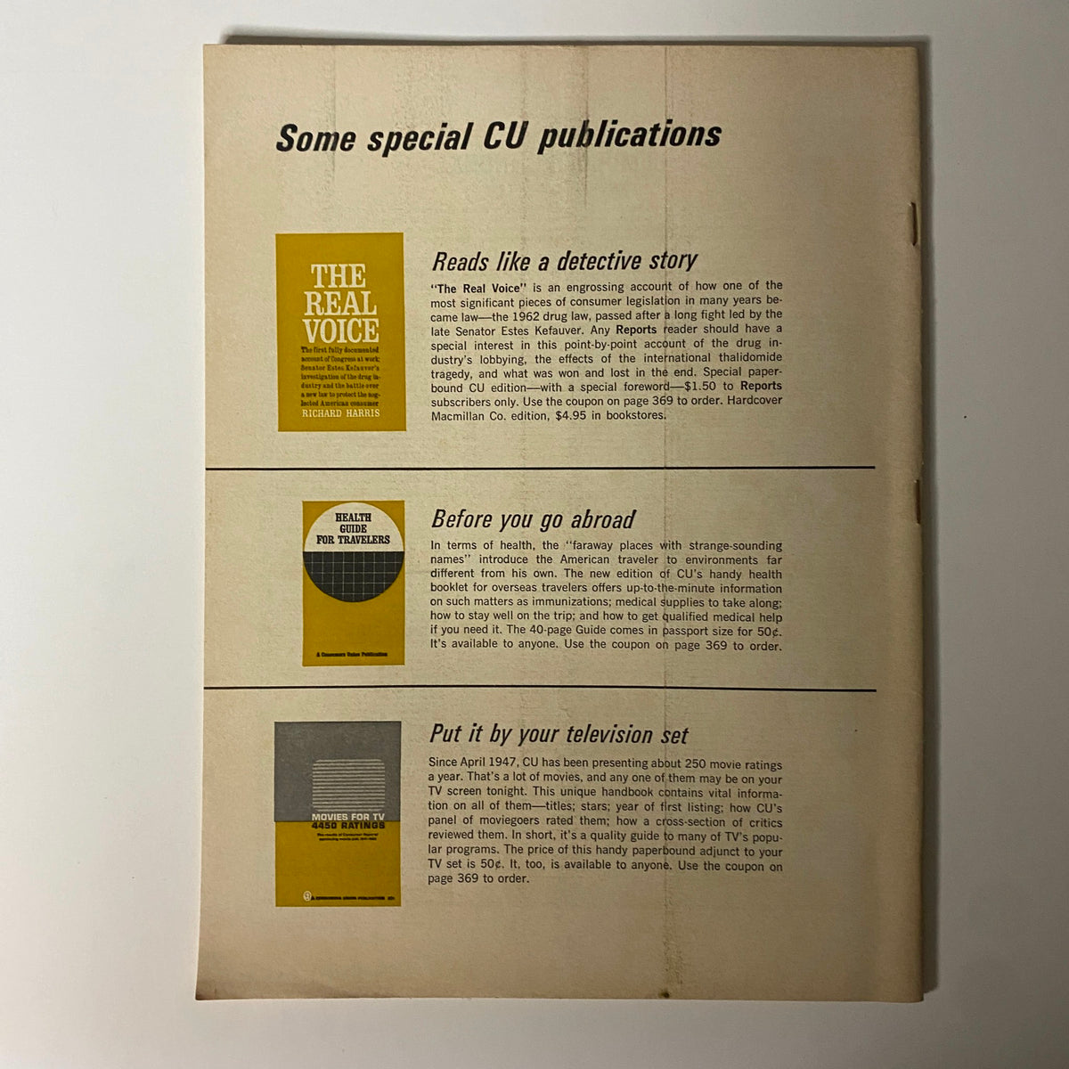 Back cover of Consumer Reports Magazine July 1965 highlighting special CU publications and advertisements for consumer products, reflecting the magazine's emphasis on consumer information.