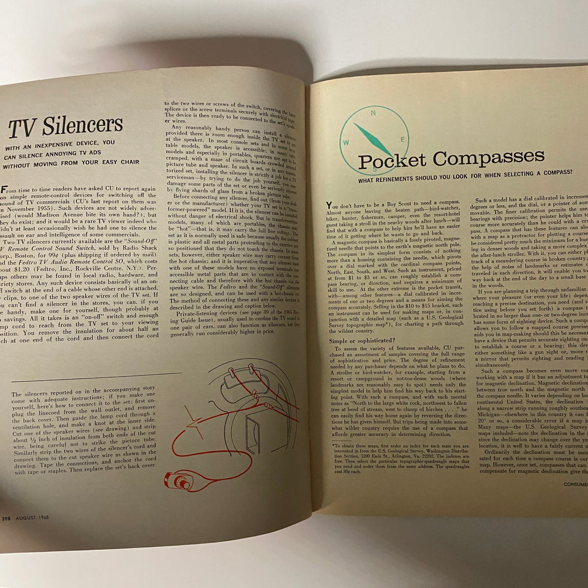 Consumer Reports Magazine August 1965, showcasing an article on TV silencers and pocket compasses, with detailed product insights.