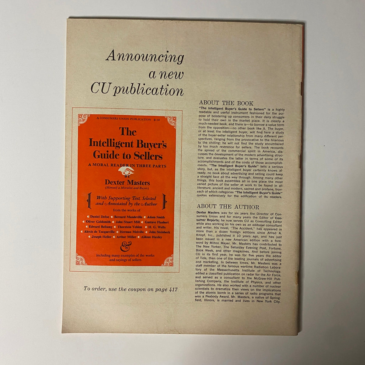 Consumer Reports Magazine August 1965, back cover announcing a new publication, 'The Intelligent Buyer’s Guide to Sellers'.