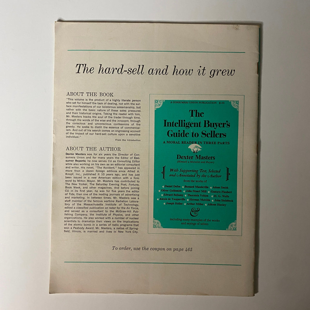 Consumer Reports Magazine September 1965, showcasing information about a book titled 'The Intelligent Buyer's Guide to Sellers' by Dexter Masters.