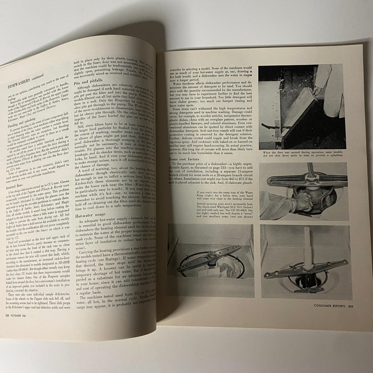 Interior article from Consumer Reports Magazine November 1965 discussing dishwashers with images and explanations of their features.
