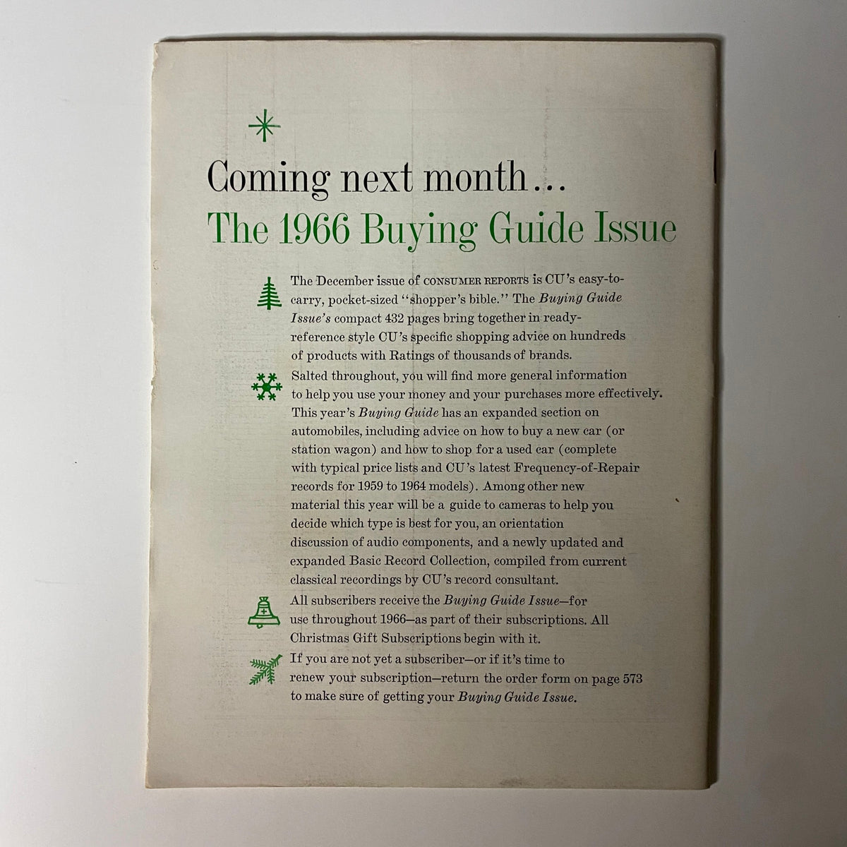 Back cover of Consumer Reports Magazine November 1965 showing upcoming 1966 Buying Guide Issue features and subscription information.