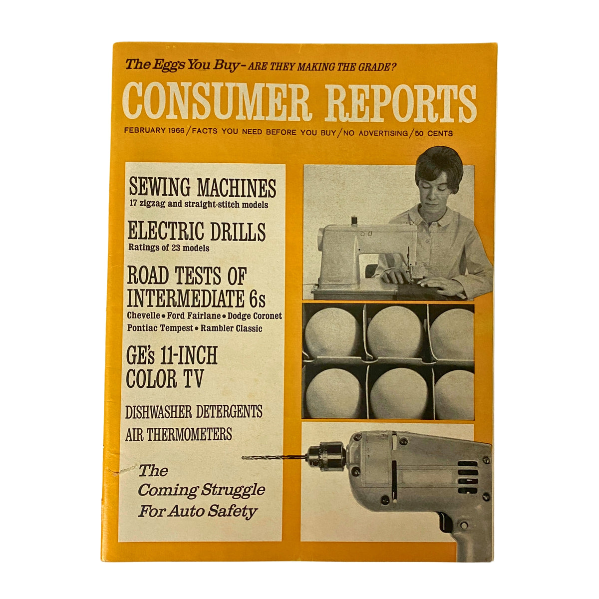 Cover of February 1966 Consumer Reports Magazine featuring product evaluations of sewing machines, electric drills, and more.