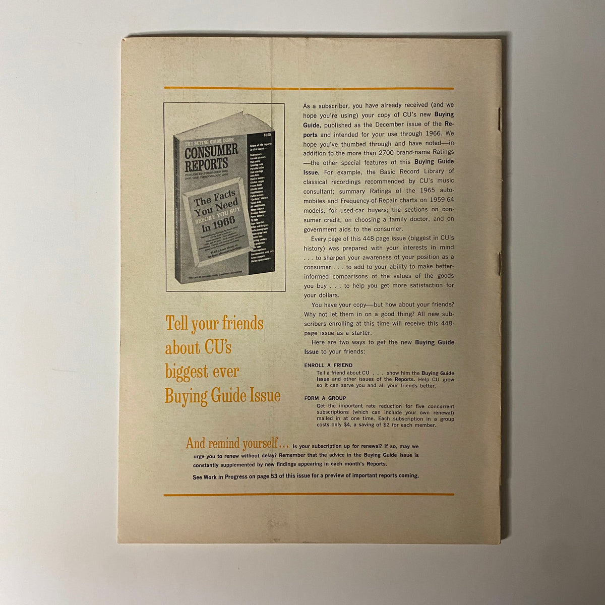 Back cover of February 1966 Consumer Reports Magazine promoting the New Buying Guide and subscription information.