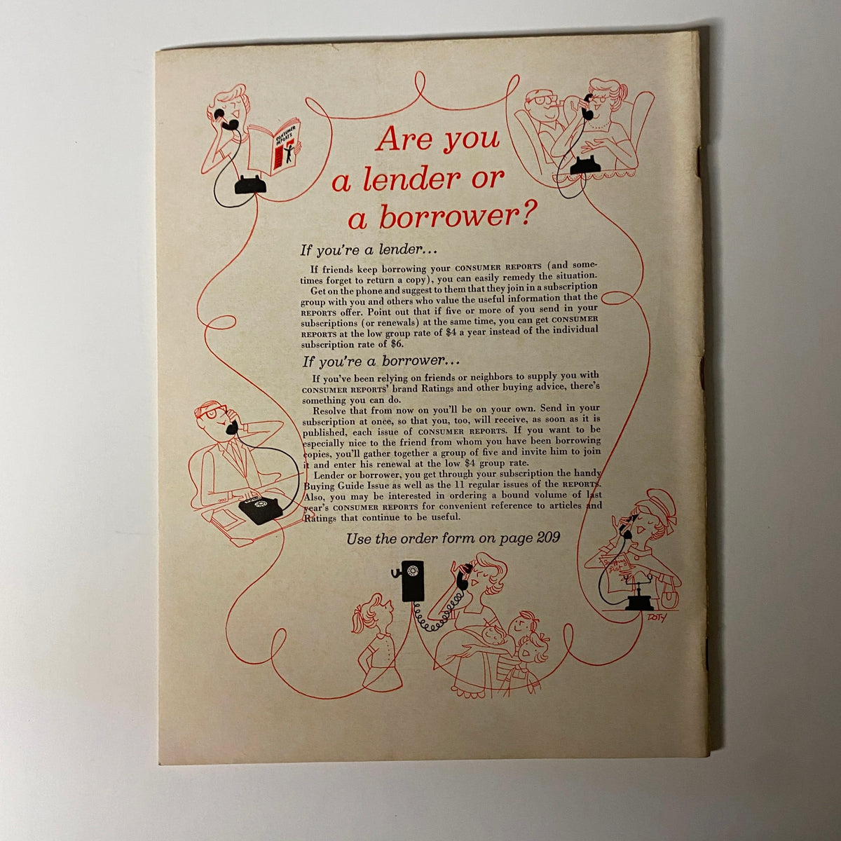 Back cover of Consumer Reports Magazine April 1966 discussing subscription options for readers, highlighting lender and borrower roles.