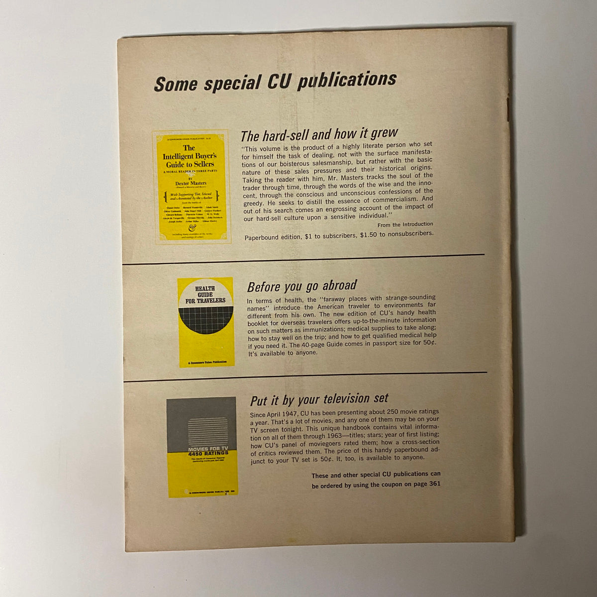Final page of Consumer Reports Magazine July 1966 showcasing special CU publications, highlighting consumer guides and advice for informed purchasing.