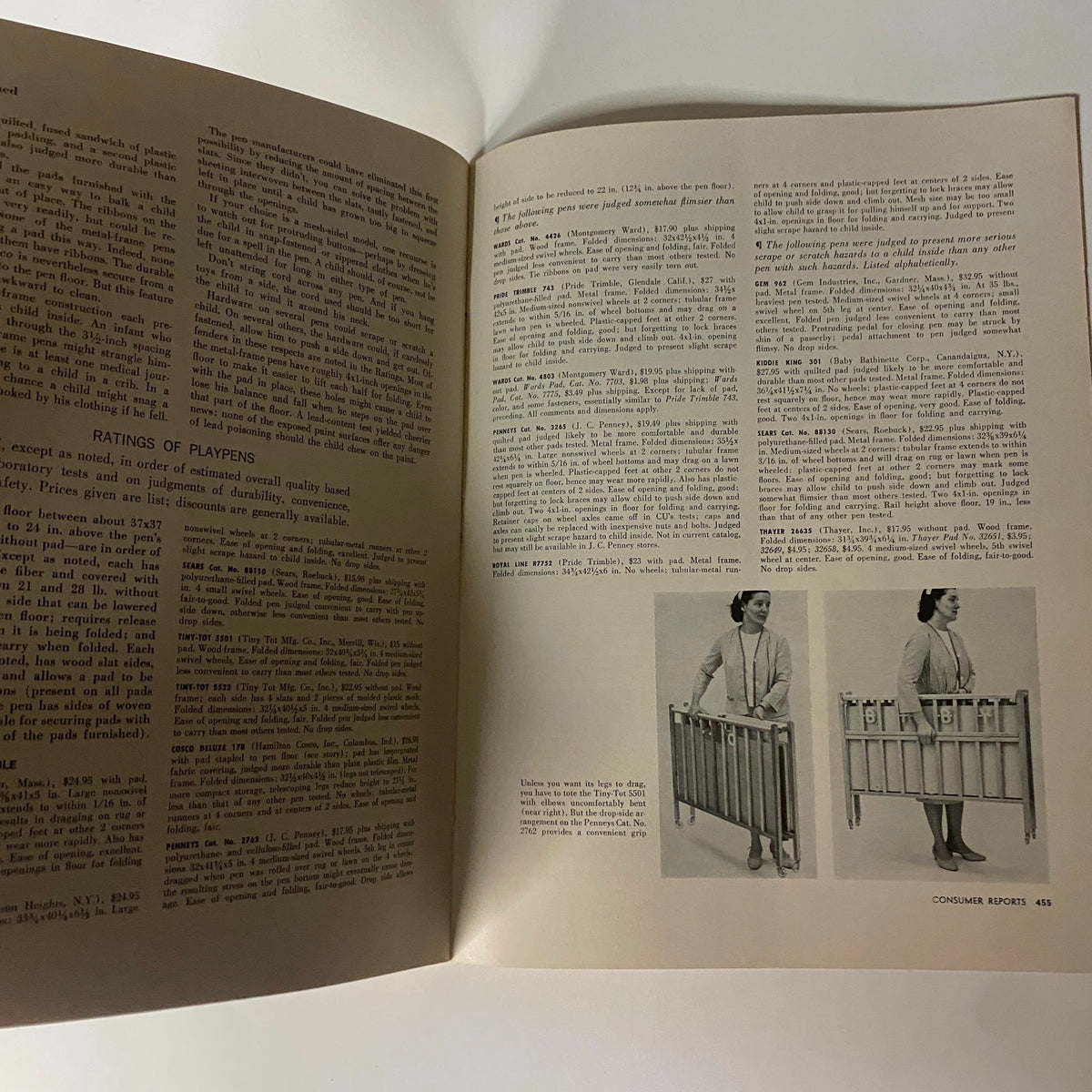 Inside pages of Consumer Reports Magazine September 1966, featuring product ratings and analysis for household items including playpens.