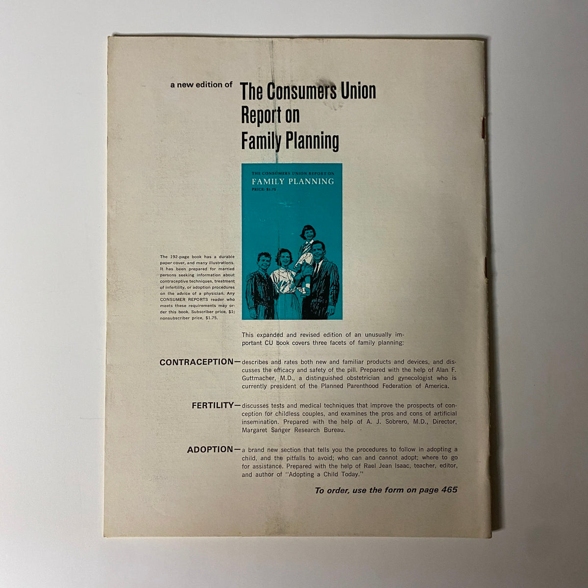 Back cover of Consumer Reports Magazine September 1966, showcasing The Consumers Union Report on Family Planning, including contraception, fertility, and adoption.