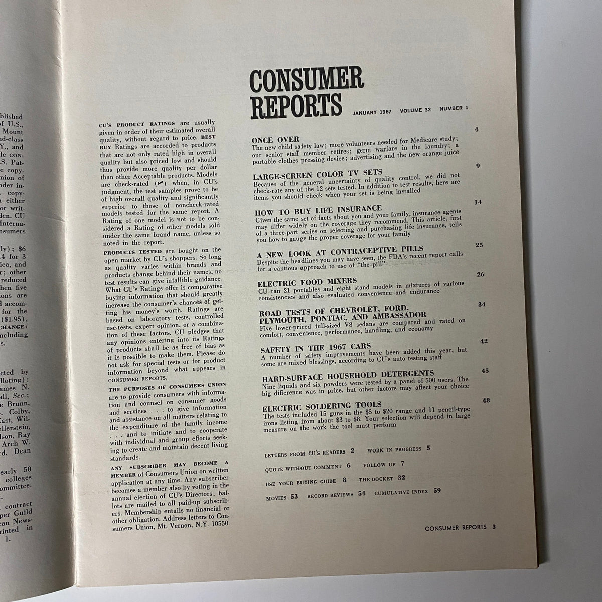 Contents page of Consumer Reports Magazine January 1967 outlining featured articles including How to Buy Life Insurance and reviews of Electric Food Mixers.