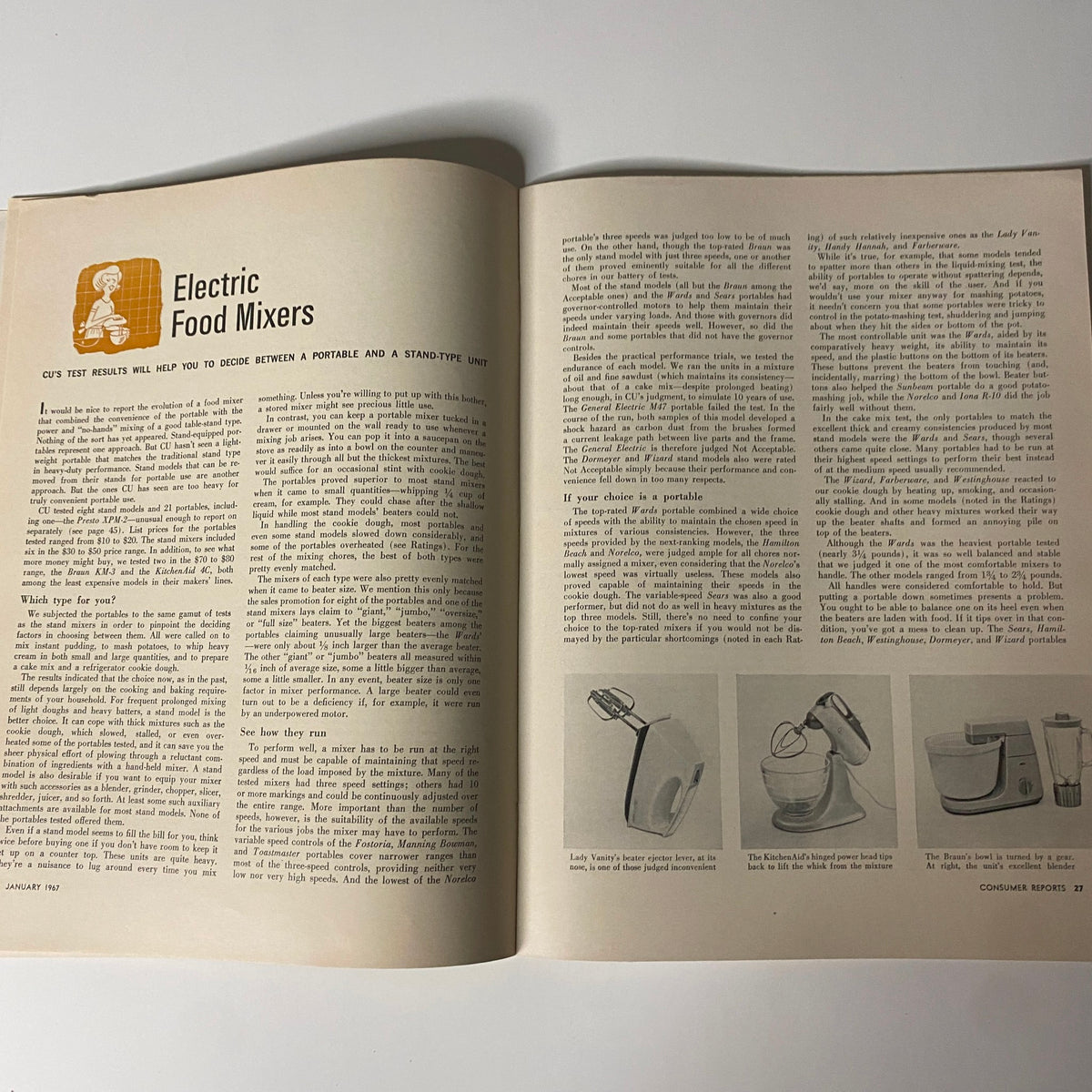 Article page from Consumer Reports Magazine January 1967 discussing Electric Food Mixers, providing insights and comparisons between different models.