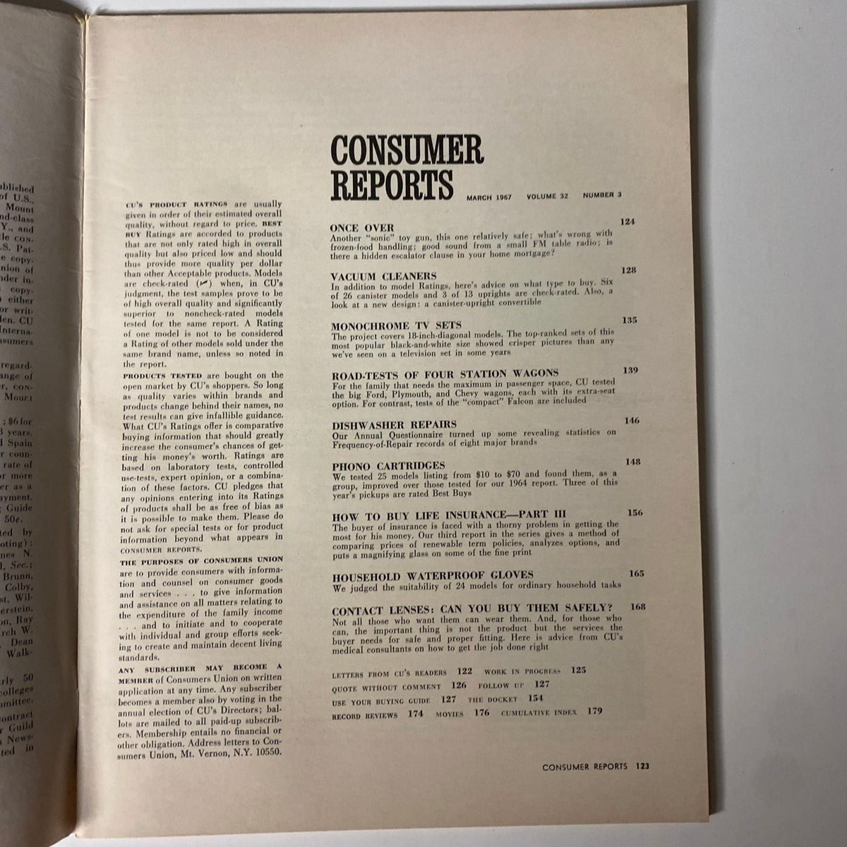 Consumer Reports Magazine March 1967 showing the table of contents featuring articles on vacuum cleaners, monochrome TV sets, and advice on buying life insurance.