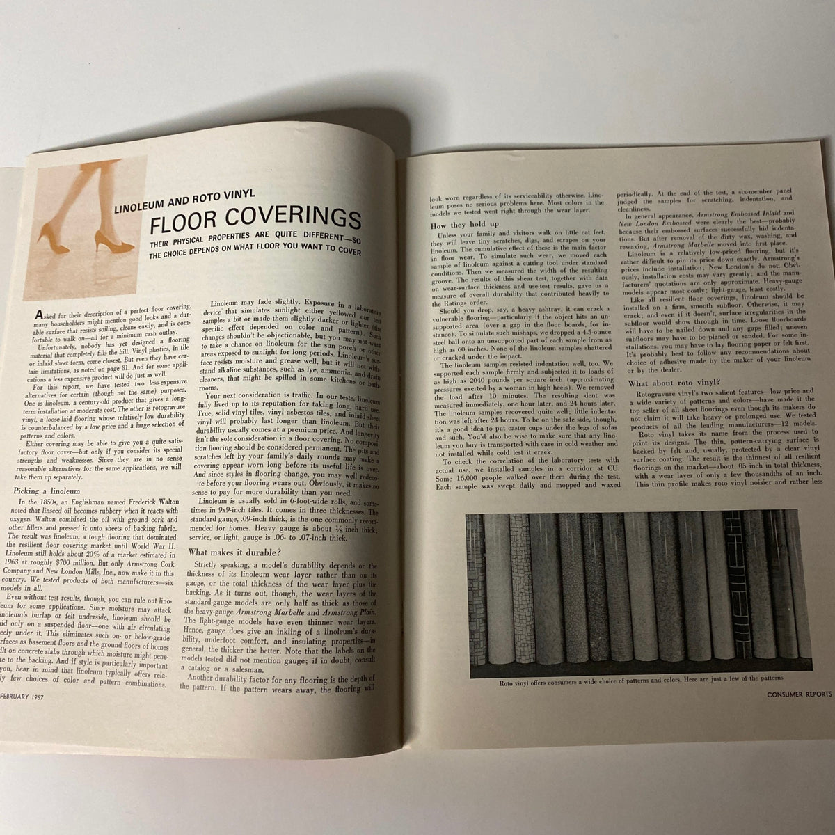 Page from Consumer Reports Magazine February 1967 discussing Linoleum and Roto Vinyl floor coverings and their properties.