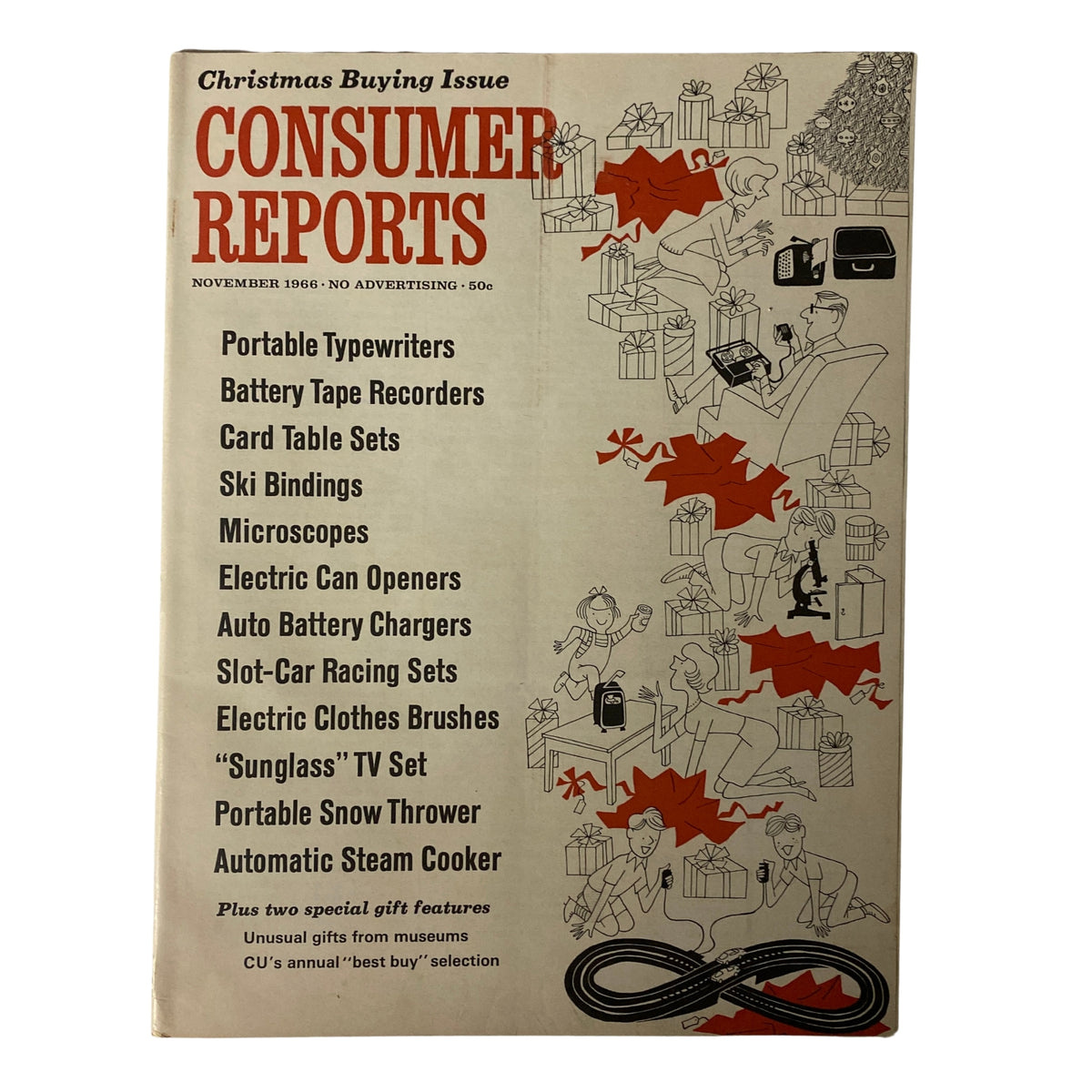 Cover of Consumer Reports Magazine November 1966 Christmas Buying Issue, featuring product listings such as portable typewriters and electric can openers.