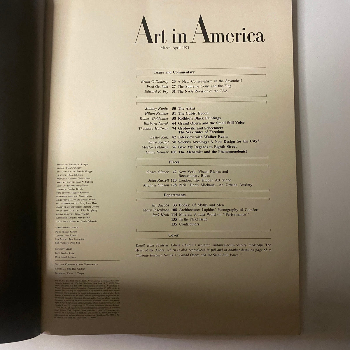 Interior page of Art in America Magazine March 1971 displaying the table of contents outlining various articles and discussions on art movements.