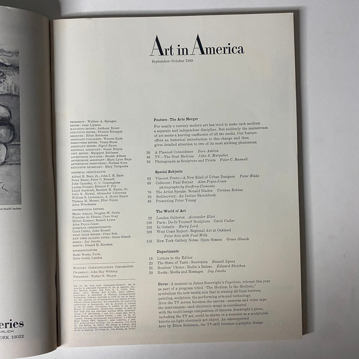 Interior page of Art in America magazine, September 1969, displaying the table of contents and highlighting features and topics of the issue.