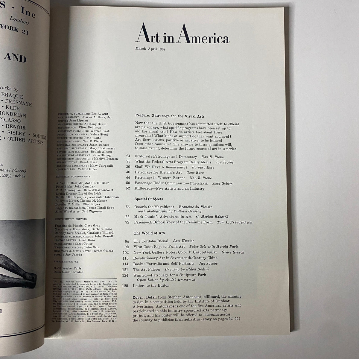 Inside page of Art in America Magazine March 1967 detailing articles on art patronage and featuring a table of contents.