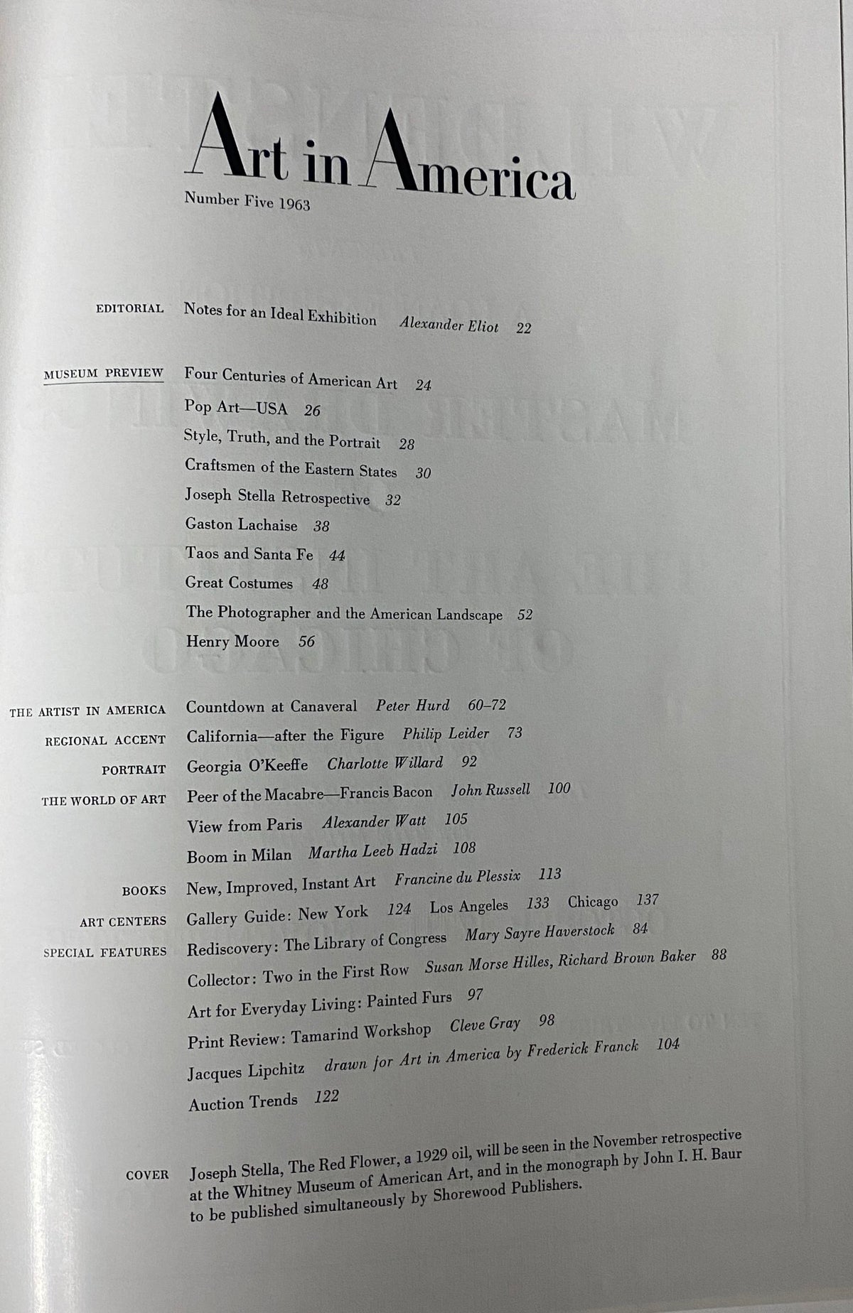 Table of contents page for Art in America Magazine No. 5 1963, outlining featured articles and museum previews.