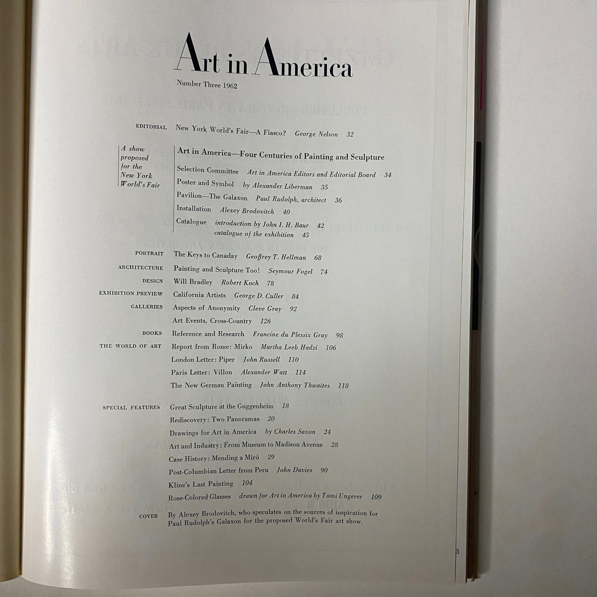 Table of contents from Art in America Magazine No. 3, 1962, detailing featured articles and editorial content.