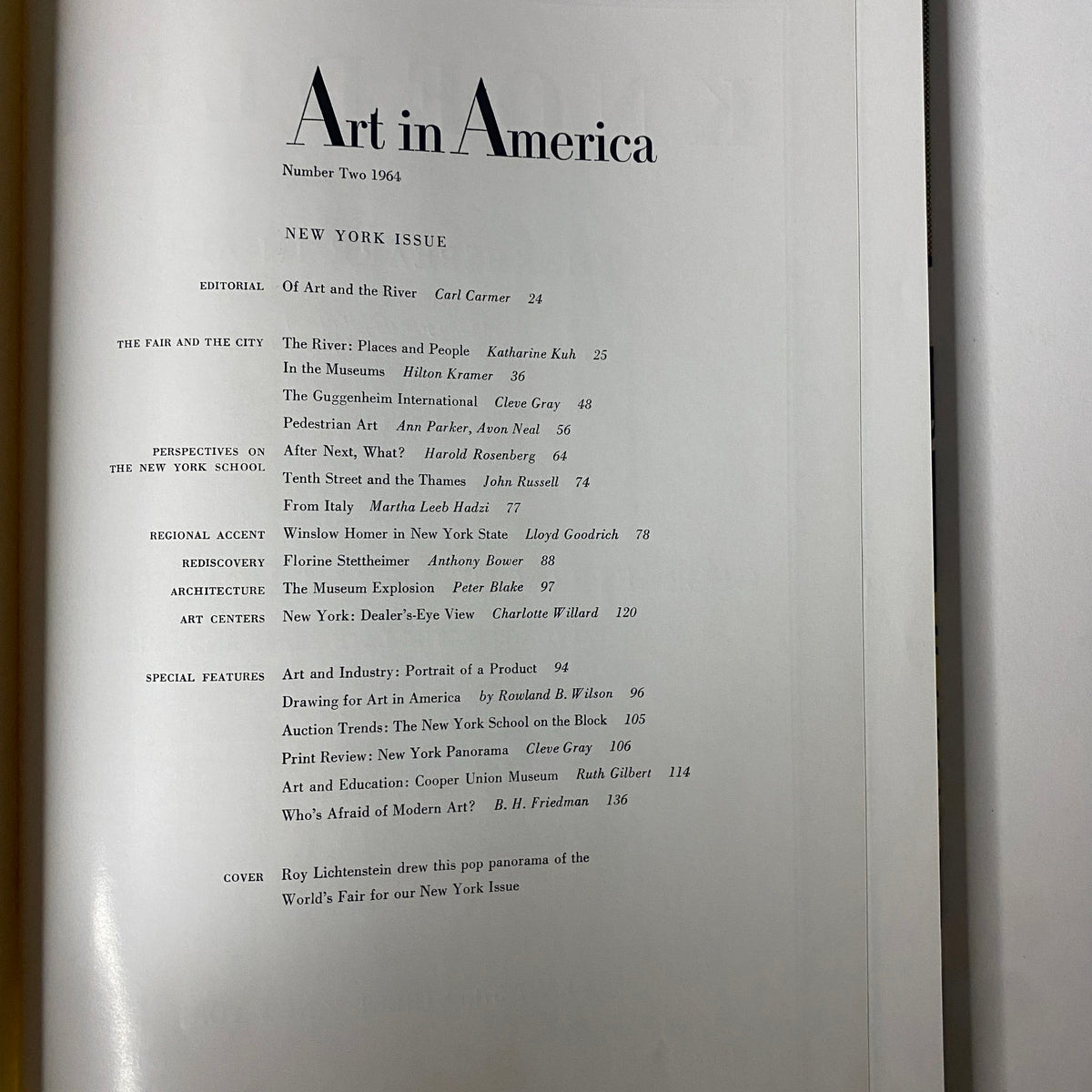 Table of contents page from Art in America Magazine No. 2 1964, detailing editorial articles and special features from the New York issue.
