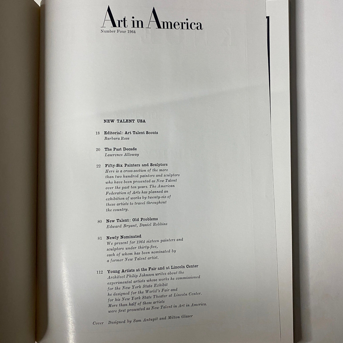 Content page of Art in America Magazine No. 4 1964 featuring articles on New Talent USA, editorial by Barbara Rose, and highlights of emerging artists.