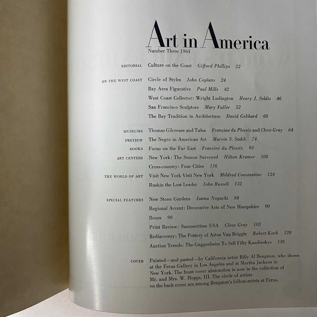 Interior page of Art in America Magazine No. 3 1964 displaying the table of contents, featuring articles on West Coast art, museums, and special features.