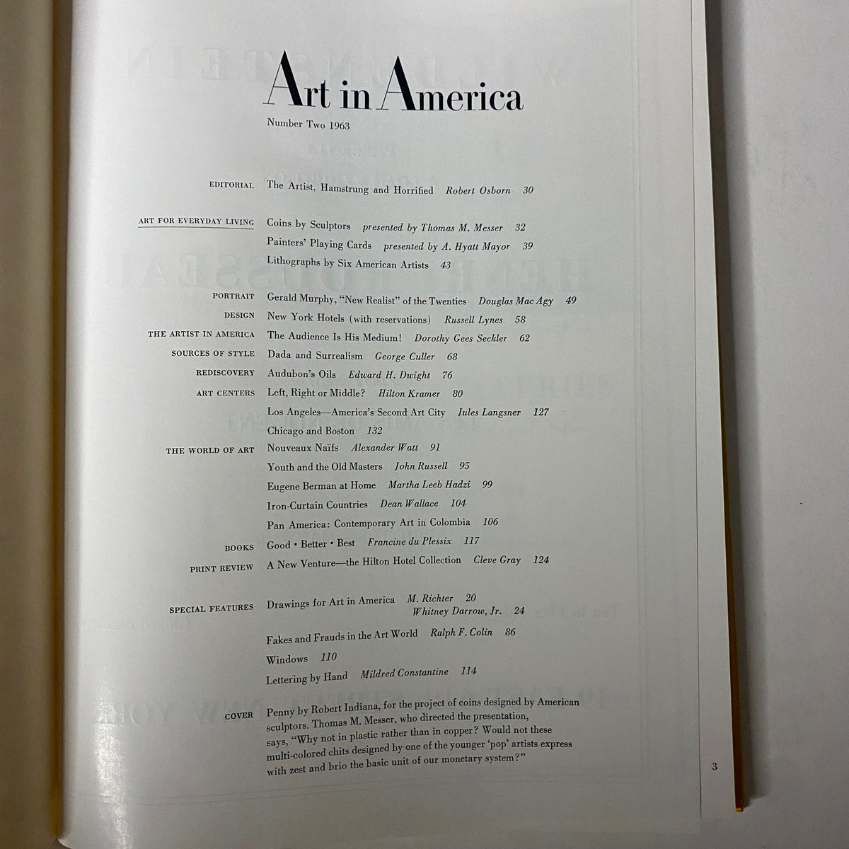 Interior page of Art in America Magazine No. 2 from 1963 showcasing the editorial section, includes articles and topics covered in the issue.