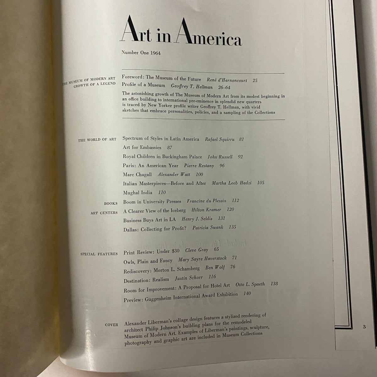Table of contents page from Art in America Magazine No. 1, 1964, detailing articles about The Museum of Modern Art and global artistic influences.