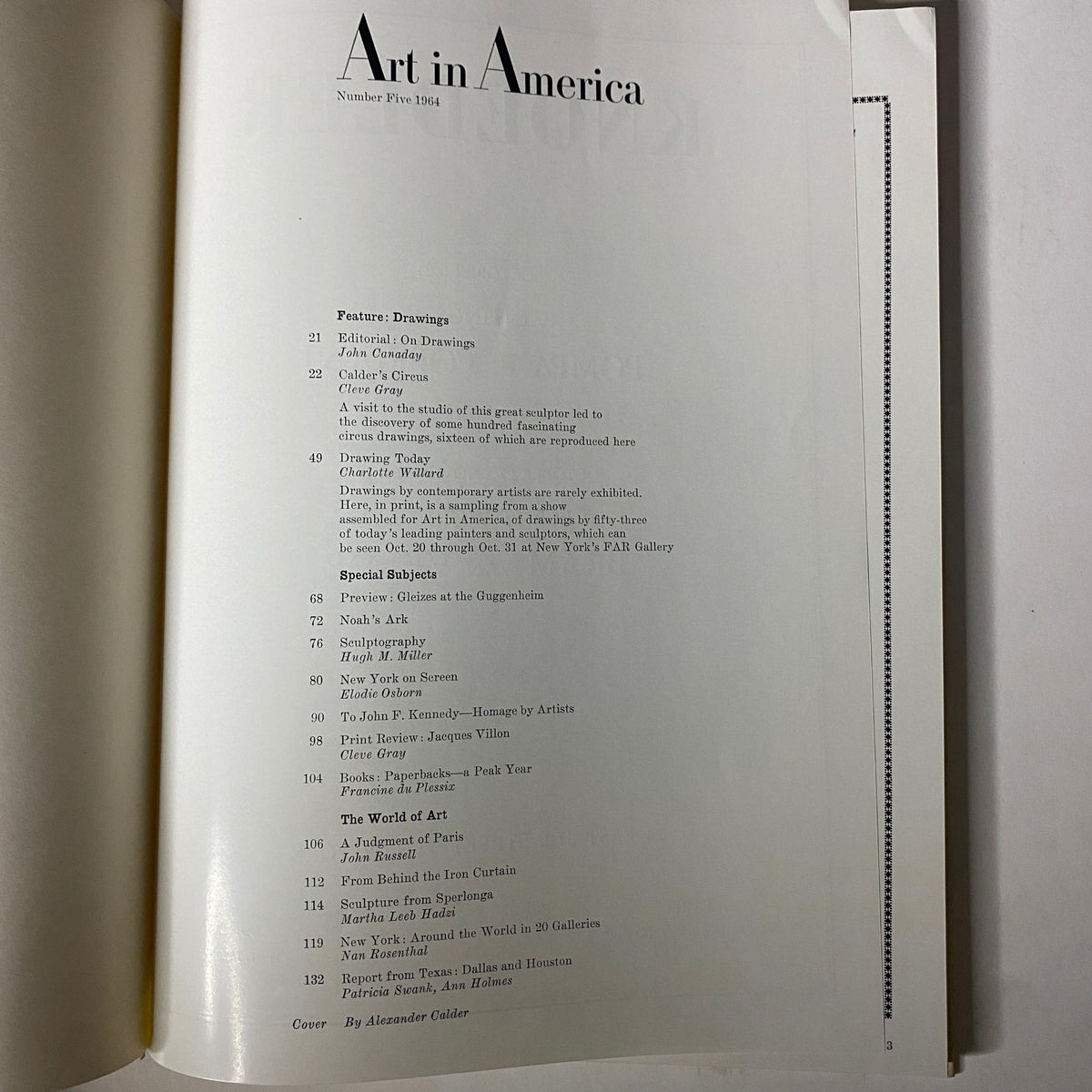 Table of contents page from Art in America Magazine No. 5, published in 1964, highlighting featured articles.
