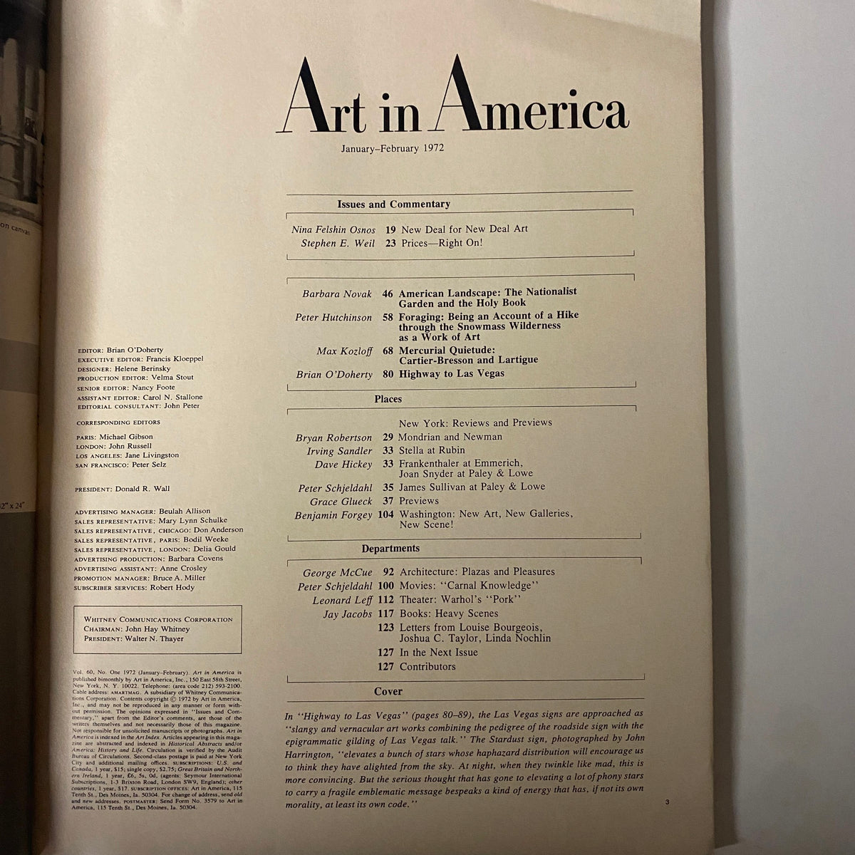 Art in America Magazine January-February 1972 table of contents featuring articles on New Deal art, American landscape, and a special piece titled "Highway to Las Vegas."