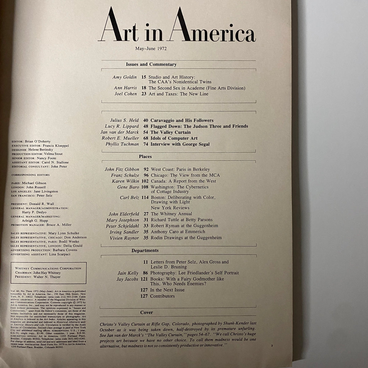 Art in America Magazine May 1972 Table of Contents page detailing articles and commentary, including featured piece on Christo's Valley Curtain.