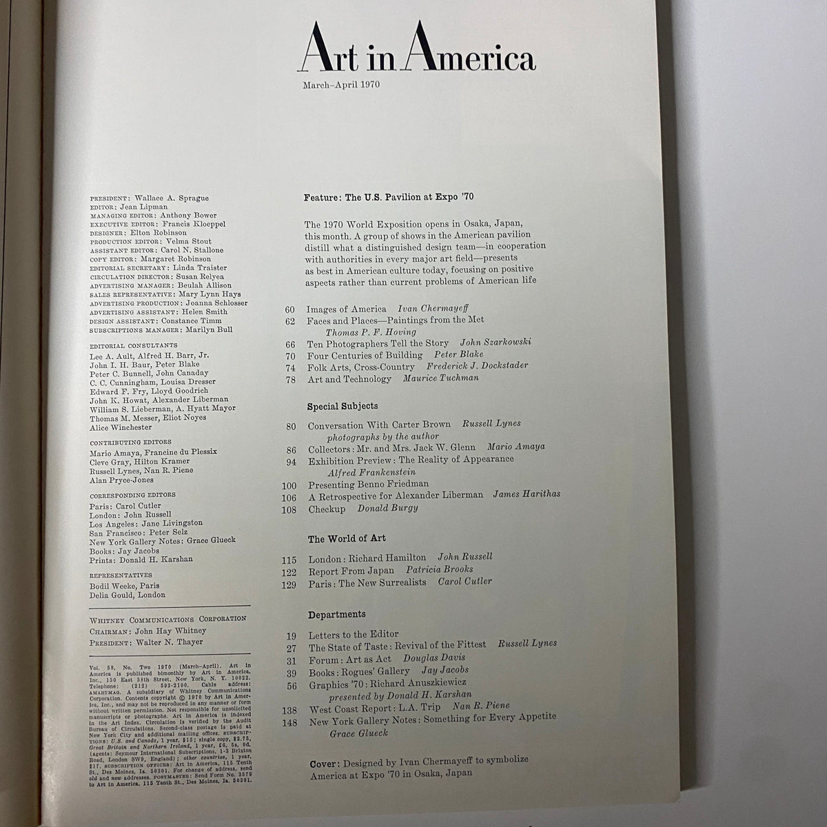 Table of contents from Art in America Magazine March 1970, detailing featured articles and highlights including the U.S. Pavilion at Expo '70.