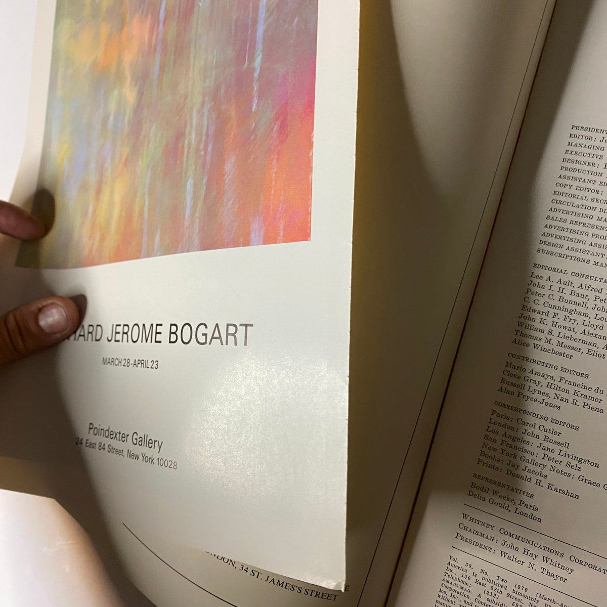 Interior page of Art in America Magazine March 1970, showcasing a colorful advertisement for Richard Jerome Bogart's exhibition and context about the art scene.