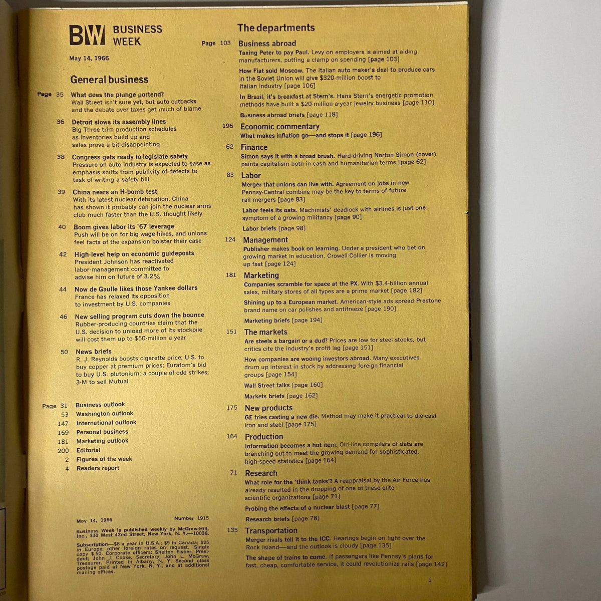 Inside page of Businessweek Magazine May 14, 1966, showcasing the table of contents and features, including articles on market volatility and automotive industry challenges.