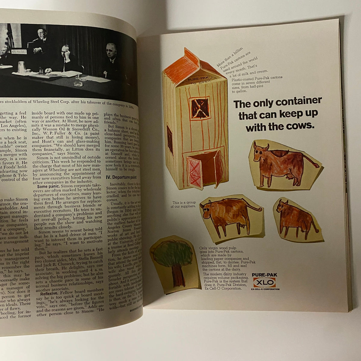 Advertisement from Businessweek Magazine May 14, 1966, featuring cartoon illustrations of a container and cows, emphasizing the capabilities of Pure-Pak packaging.