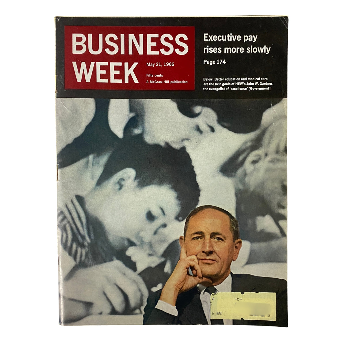 Businessweek Magazine cover from May 21, 1966 featuring a portrait of John W. Gardner, then U.S. Secretary of Health, Education, and Welfare (HEW), with a focus on executive pay trends.
