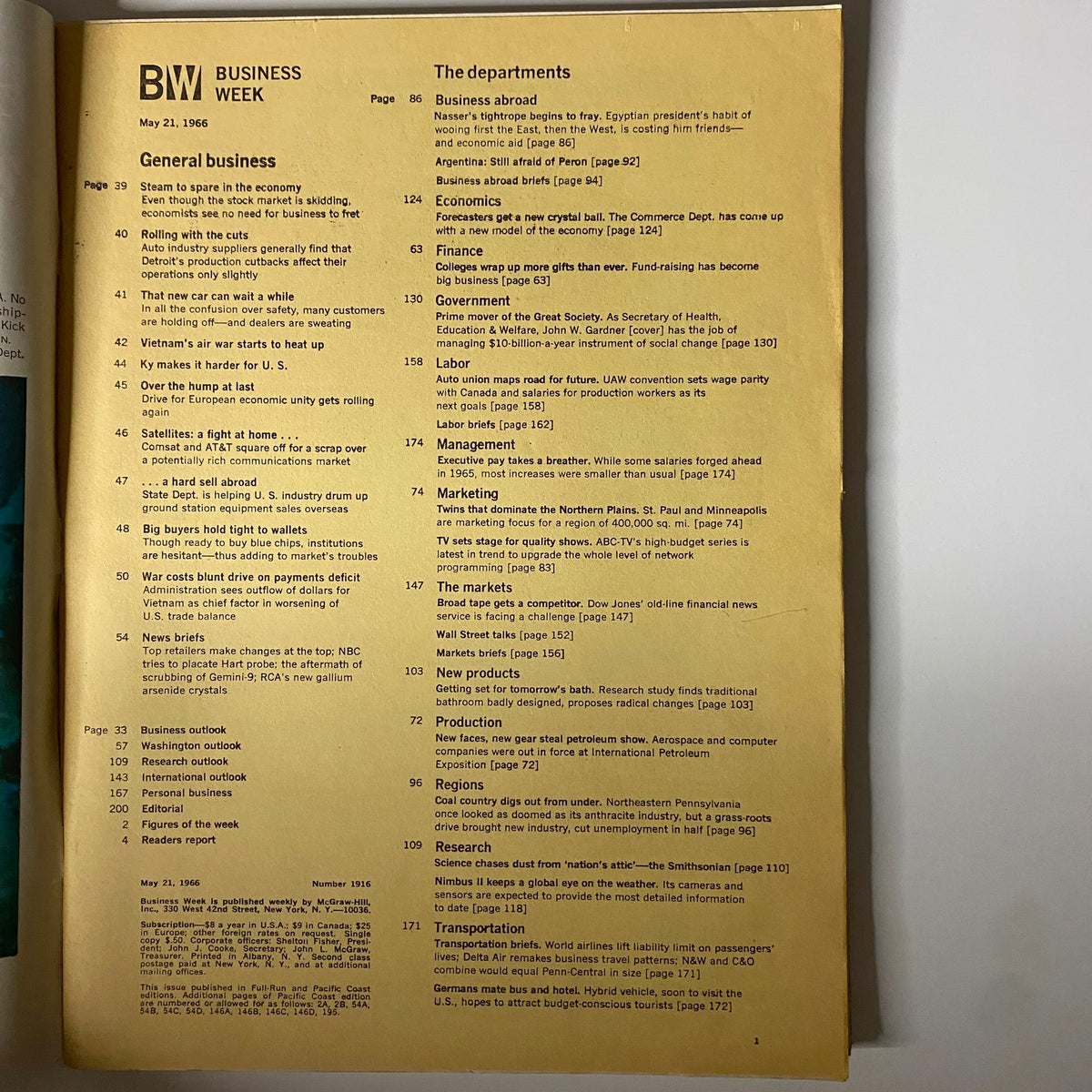 Inside page of Businessweek Magazine from May 21, 1966 showing the table of contents including articles on economic trends and government policies during the Great Society initiatives.