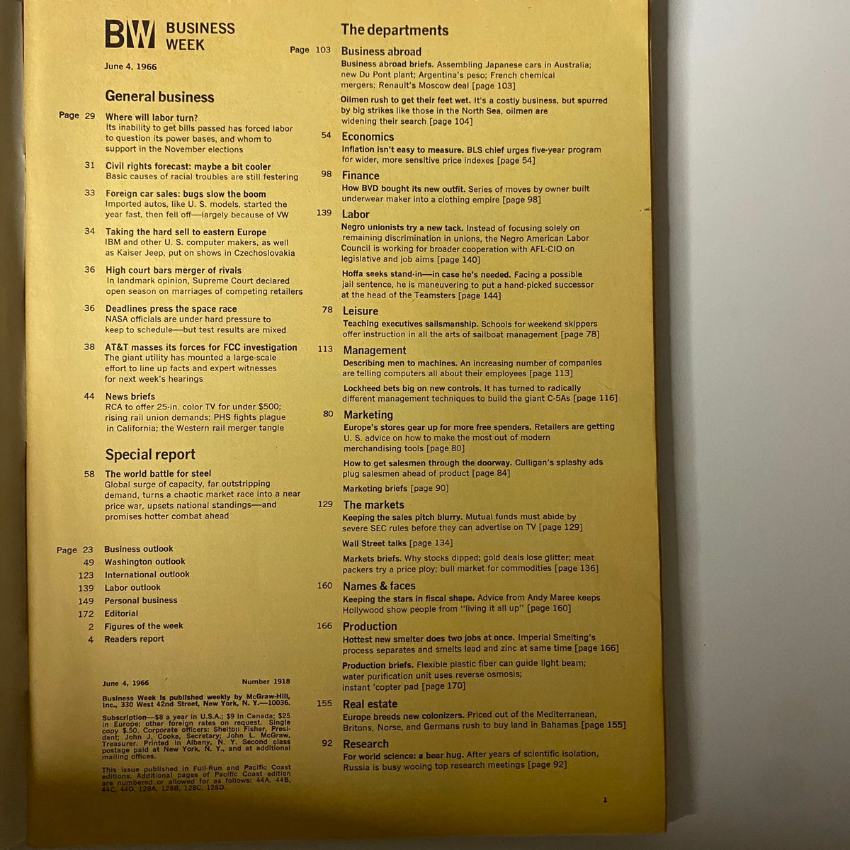 Inside pages of Businessweek Magazine June 4, 1966 showcasing the table of contents and details about the Special Report on The World Steel Race.