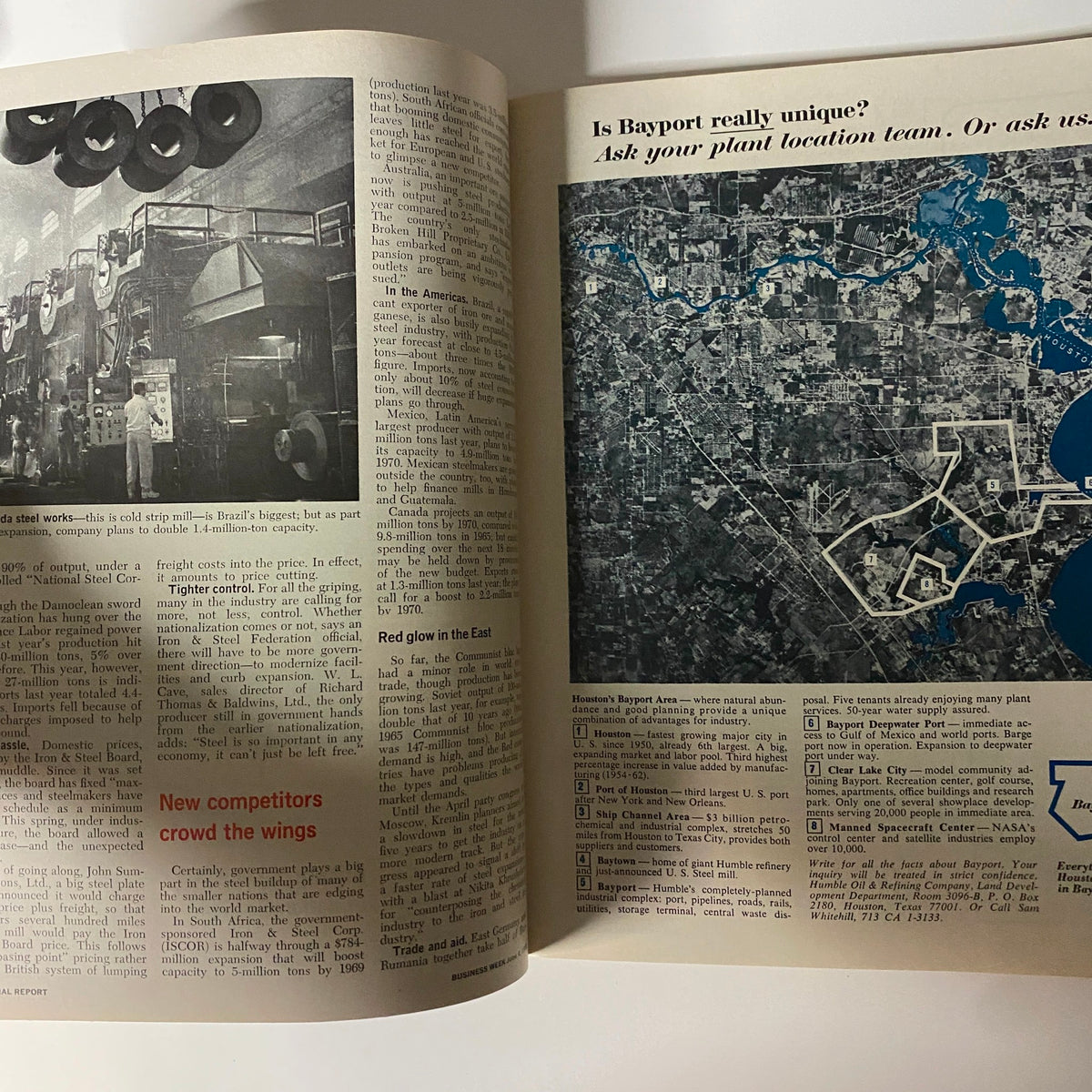 Inside pages of Businessweek Magazine June 4, 1966 showcasing an article on the steel industry with an image of a steel mill and a map of Houston's Bayport area.